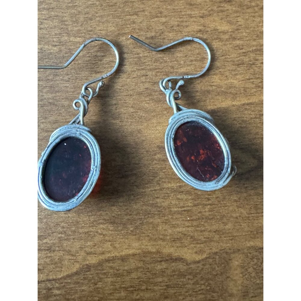 Elegant Vintage Amber & Sterling Silver Earrings Dangle Hook - Picture 2 of 5